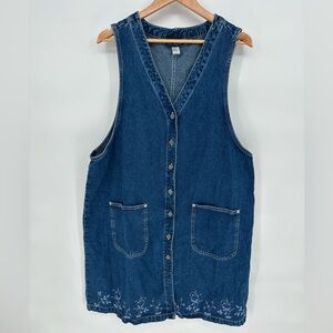 Vintage Eric Charles 100% Cotton Denim Dress Plus Size 1X Pockets Flowers Casual